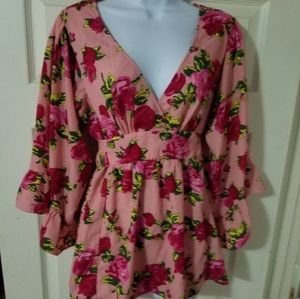 Betsey Johnson Pink Floral Surplice Peplum Blouse